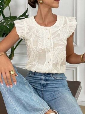 Ivory Floral Embroidered Flutter Sleeve Blouse